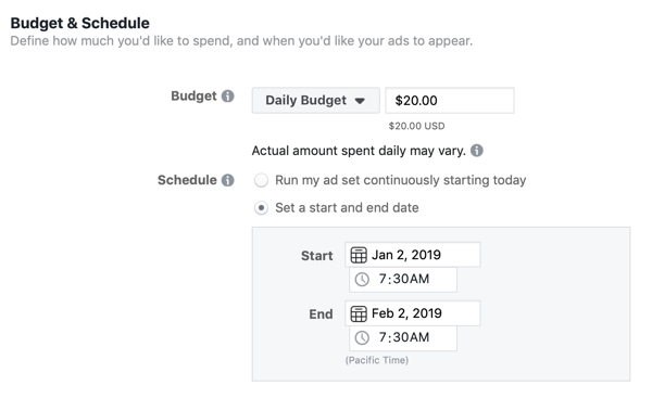 Budget and schedule options for a Facebook lead ad campaign.