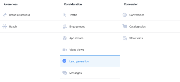 Option to select Lead Generation ad from campaign objectives in Facebook Ads Manager.