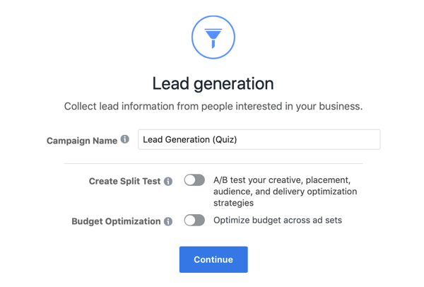 Sample settings for your Facebook lead form ad.