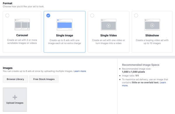 Visual options for a Facebook lead ad campaign.