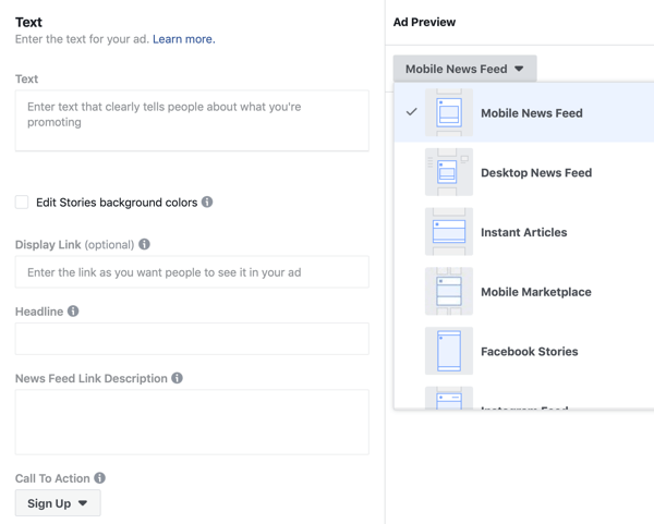 Copy settings and options for a Facebook lead ad campaign.
