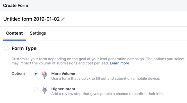 Form type settings and options for a Facebook lead ad campaign.