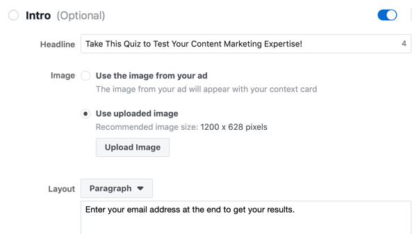 Headline, image, and layout options for a Facebook lead ad campaign.