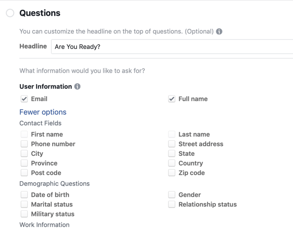 Question options for a Facebook lead ad campaign.