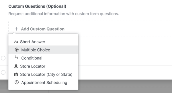 Question type setting options for a Facebook lead ad campaign.