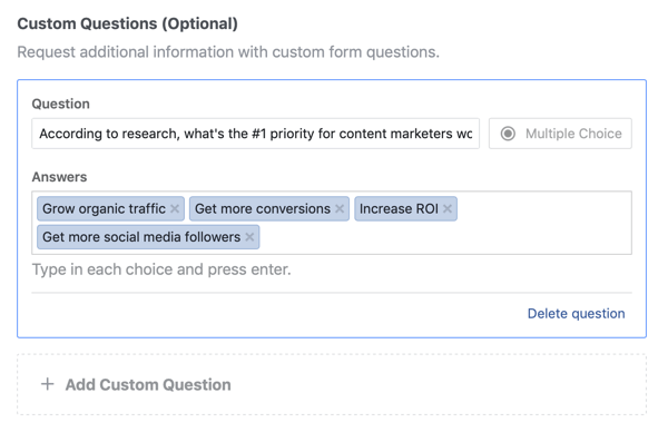 Example question and answer options for a question for a Facebook lead ad campaign.