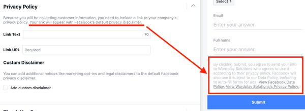 Example of a privacy policy included in the options of a Facebook lead ad campaign.