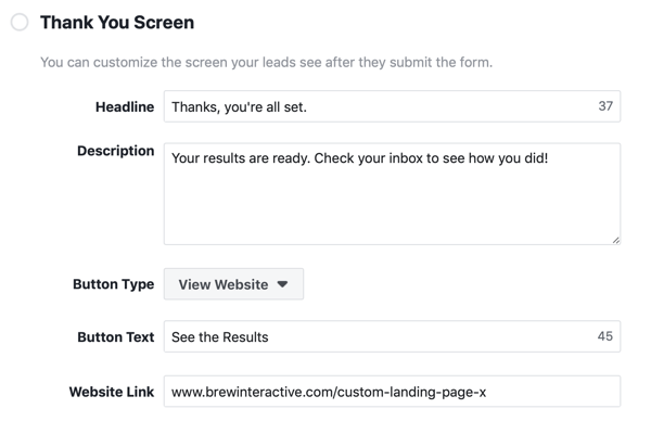Example of a Thank You screen for a Facebook lead ad campaign.