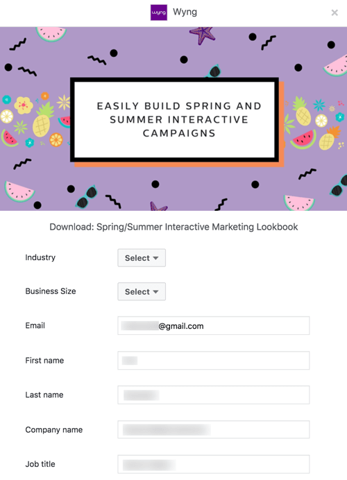 Example of a Facebook lead ad form from Wyng.