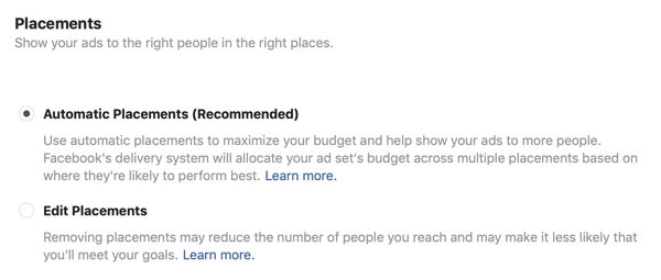 Placement options for a Facebook lead ad campaign.