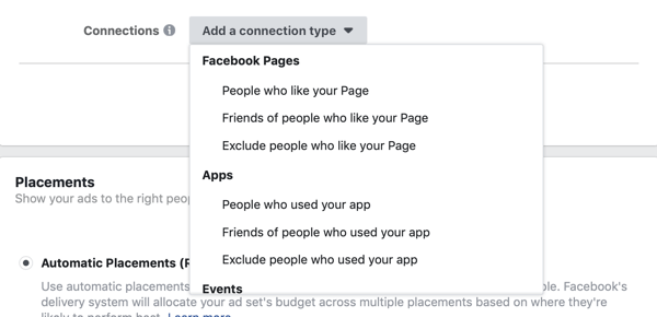 Add a connection type options for a Facebook lead ad campaign.