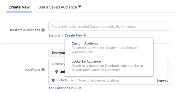 Options to use a custom audience or lookalike audience for a Facebook lead ad campaign.