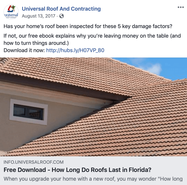 Example of an indirect sales pitch for a roofing estimate on Facebook.