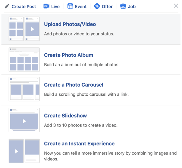 How to set-up Facebook Premiere, step 2, upload photo/video option