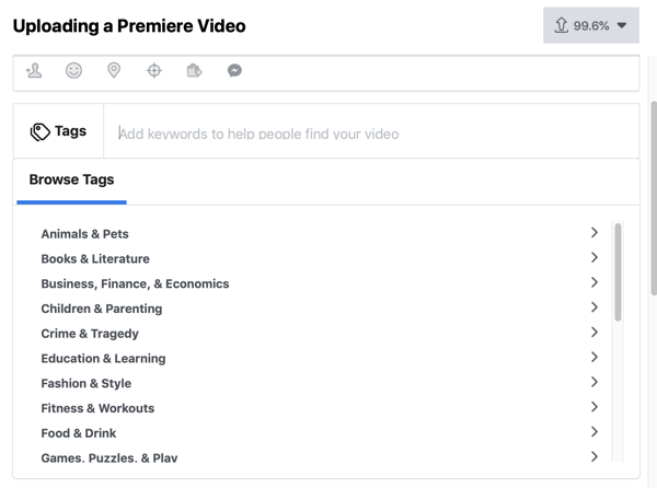 How to set-up Facebook Premiere, step 4, video tags