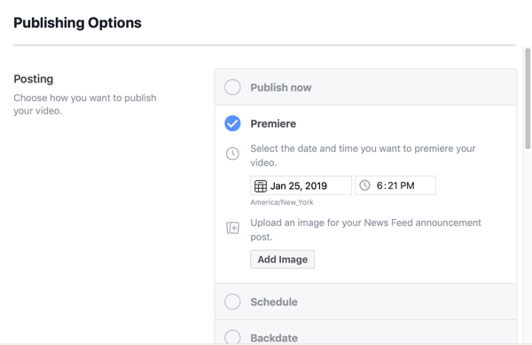 How to set-up Facebook Premiere, step 5, publication scheduling settings