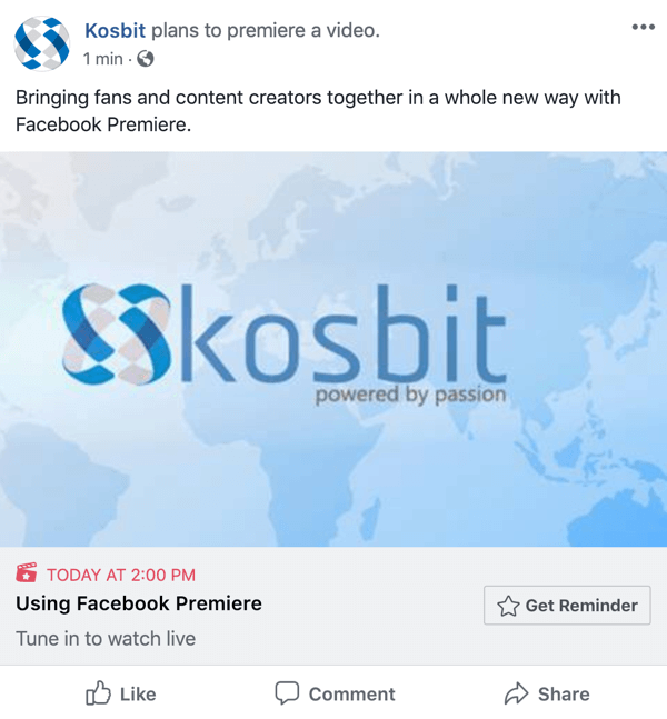 How to set-up Facebook Premiere, step 6, premiere announcement post example