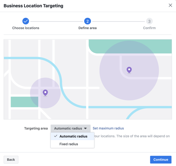 Define your location by an automatic radius for your Facebook ad.