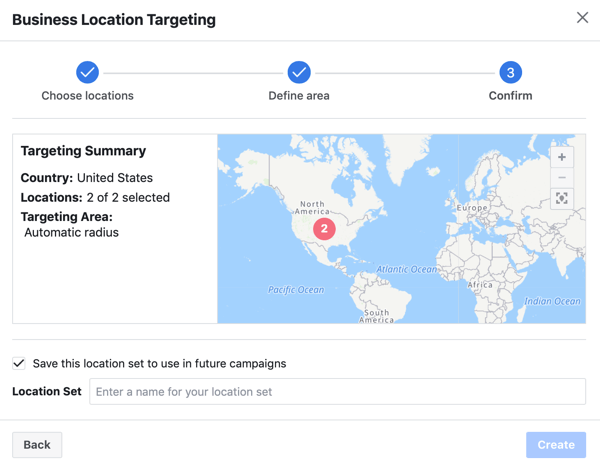 Confirm location set targeting for your facebook ad.