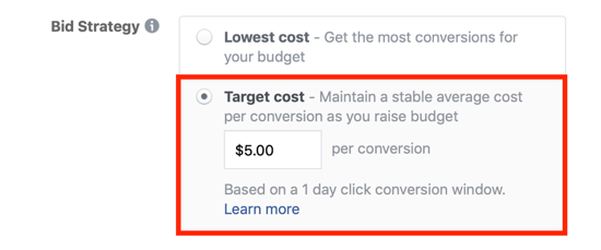 Facebook target cost bidding option.