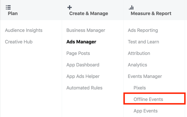 Option to select Offline Events under Measure & Report in Facebook Ads Manager.