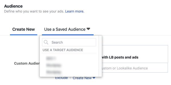 Option to use a saved audience for a Facebook lead ad campaign.