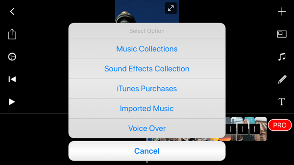 Create a Filmmaker Pro Instagram story step 5 showing audio options.
