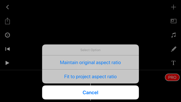 Create a Filmmaker Pro Instagram story step 4 showing aspect ratio settings.