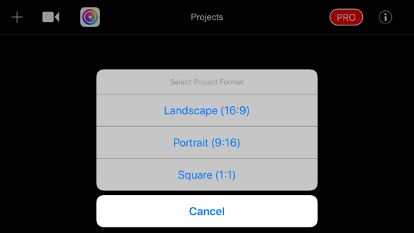 Create a Filmmaker Pro Instagram story step 1 showing sizing options.