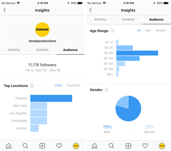 Examples of Instagram insights for the DMAK Productions account under the Audience tab.
