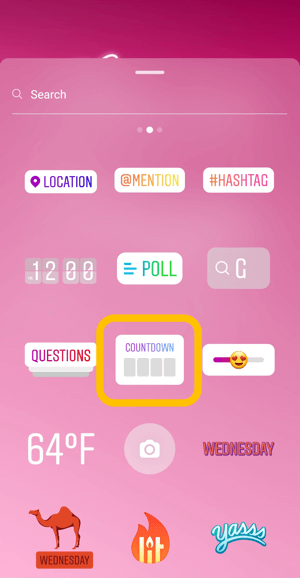 How to use the Instagram Countdown sticker for business, step 1 countdown sticker icon.