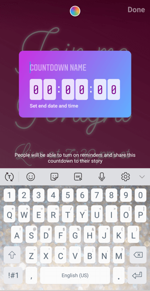 How to use the Instagram Countdown sticker for business, step 2 countdown name.