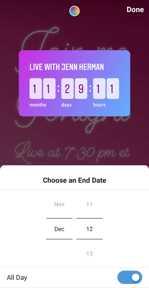 How to use the Instagram Countdown sticker for business, step 3 countdown end date.