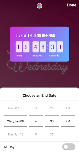 How to use the Instagram Countdown sticker for business, step 4 countdown end time.