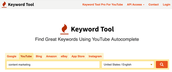 Keyword Tool research keywords on the YouTube tab step 1.