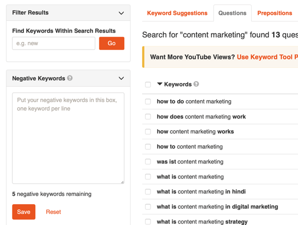Keyword Tool YouTube keyword research step 3 questions filter.