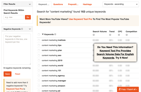 Keyword Tool YouTube keyword research step 2 results.