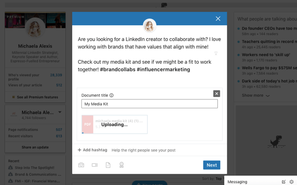 LinkedIn document sharing post, upload document to organic post step 2, add document title, text, and hashtags