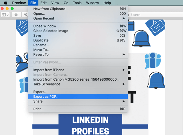 LinkedIn document sharing post, enhance organic post documents step 1, export infographics as pdf