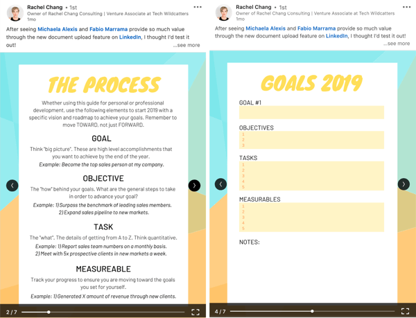 LinkedIn document sharing post, enhance organic post documents step 3, user download example by Rachel Chang
