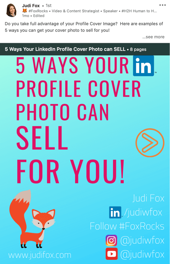 LinkedIn document sharing post, deliver powerpoint presentation step 1, presentation download example by Judi Fox