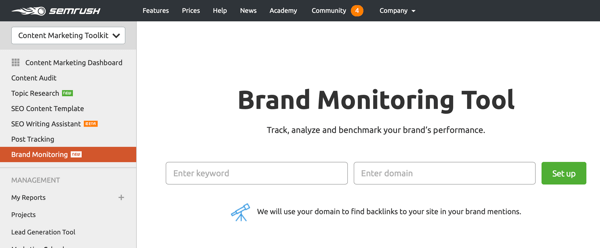 Example of SEMrush's Brand Monitoring tool.