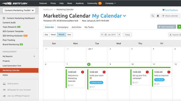 Example of an SEMrush marketing calendar.