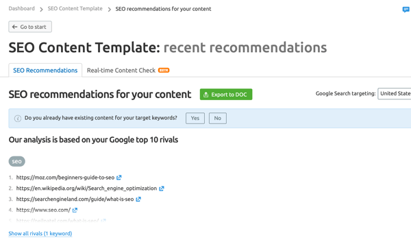 Example of results from SEMrush's SEO Content Template.