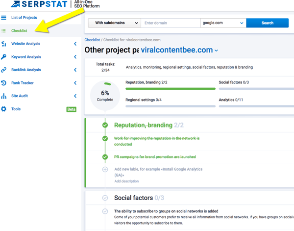 How to organize social media marketing tasks, create task checklist with Serpstat, step 2, checklist navigation