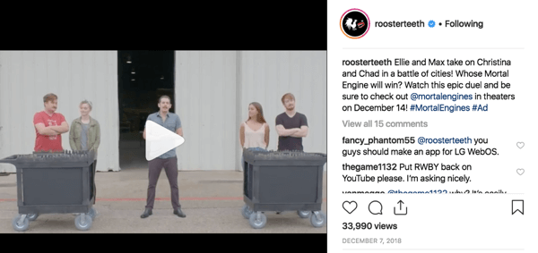 Example of Rooster Teeth superfan engagement on Instagram.