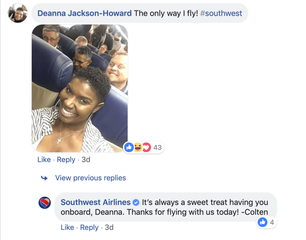 Example of Southwest Airlines superfan engagement.