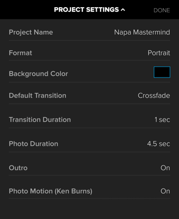 Create a Splice Instagram story step 5 showing project settings.