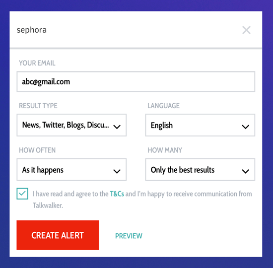 How to use Talkwalker Alerts for social media listening, Step 2 alert settings.