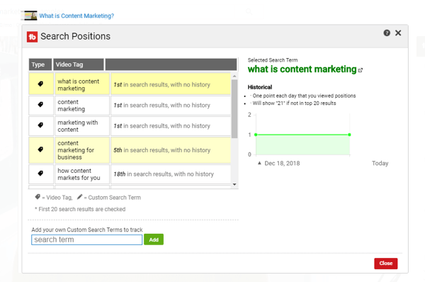 TubeBuddy step 3 Search Rankings report details.